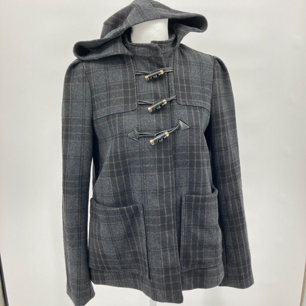 H&M Gray Plaid Wool Blend Hooded Jacket sz 6 Dark Academia Preppy Pleats